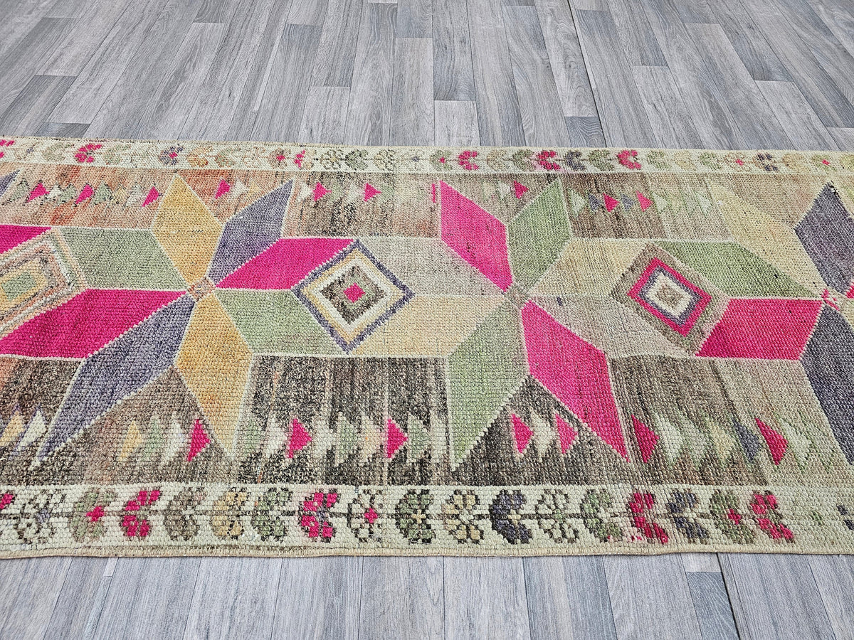 Vintage Wool Runner Rug: 3x11 Herki Turkish Hallway Rug