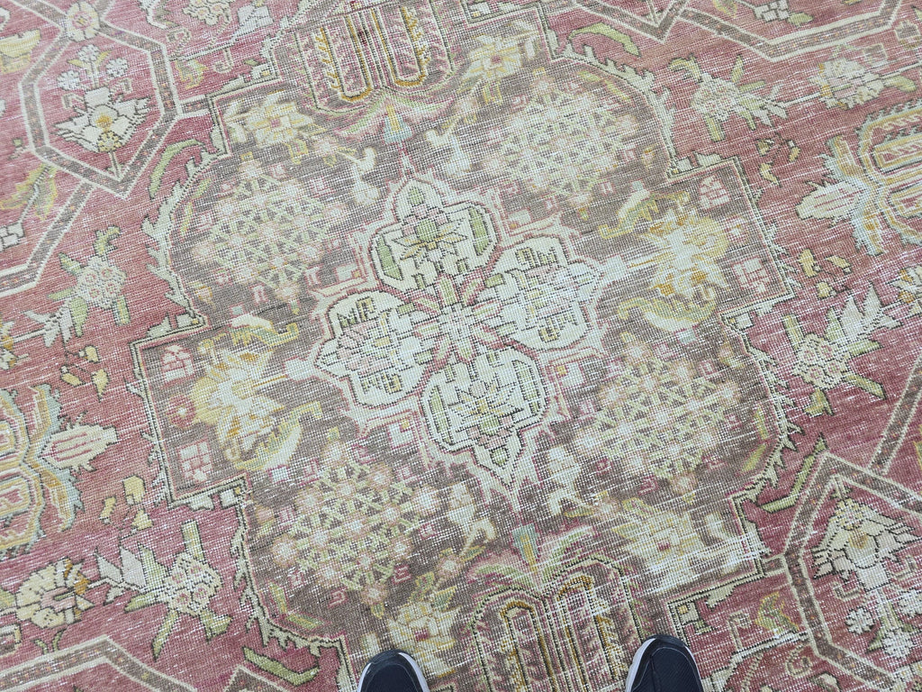 10x13 Vintage Turkish Wool Rug, Rose Pink Geometric Medallion, Distressed Area Carpet