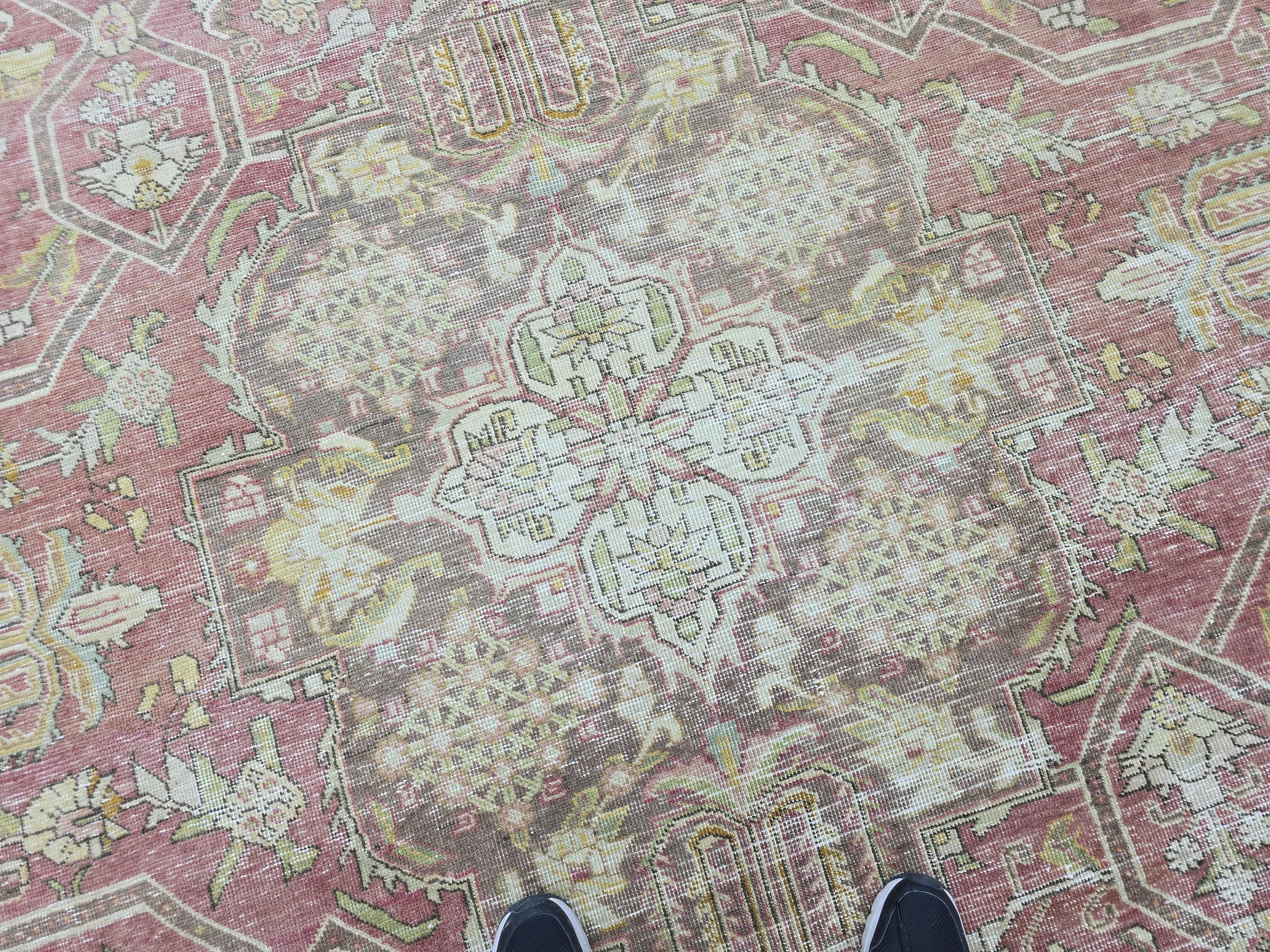 10x13 Vintage Turkish Wool Rug, Rose Pink Geometric Medallion, Distressed Area Carpet
