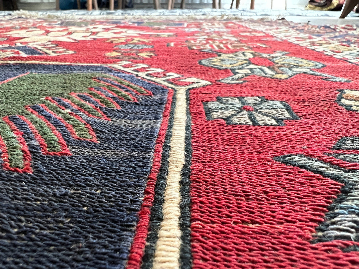 Vintage Anatolian Soumak Wool Rug: 4x5 Tribal Entryway Carpet