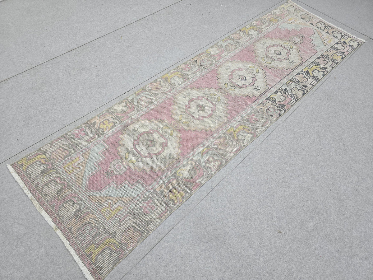 Turkish Rug 3x10, Pastel Pink Runner Rug, Hand Knotted Wool Oushak Runner, Faded Muted Hallway Rug, Vintage Boho Nursery Stair Anatolian rug