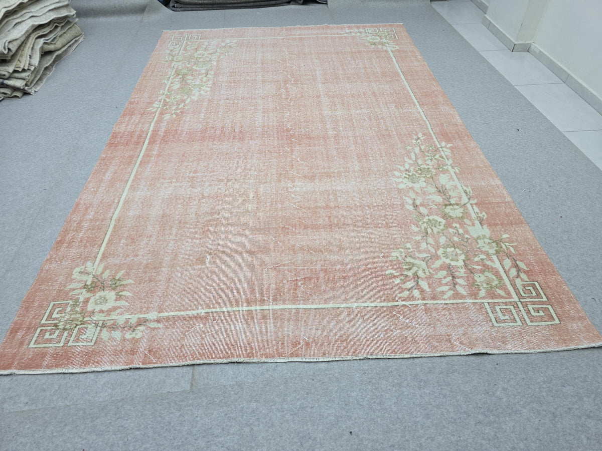 Vintage Rug 7x10, Faded Coral Pink Turkish Carpet, Art Deco Floral Area Rug for Bedroom, Hand Knotted Wool Oushak