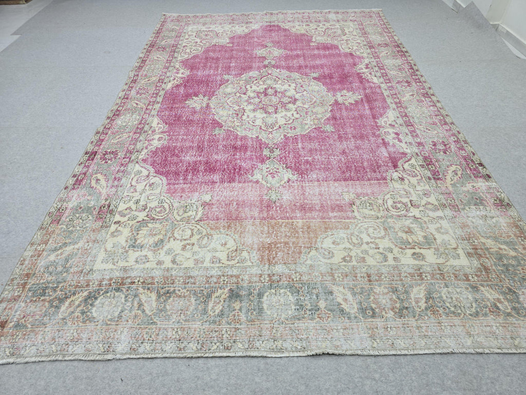 Vintage Turkish Oushak Rug: 7x11 Pink Floral Wool Carpet