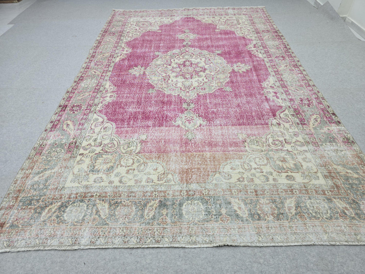 Vintage Turkish Oushak Rug: 7x11 Pink Floral Wool Carpet