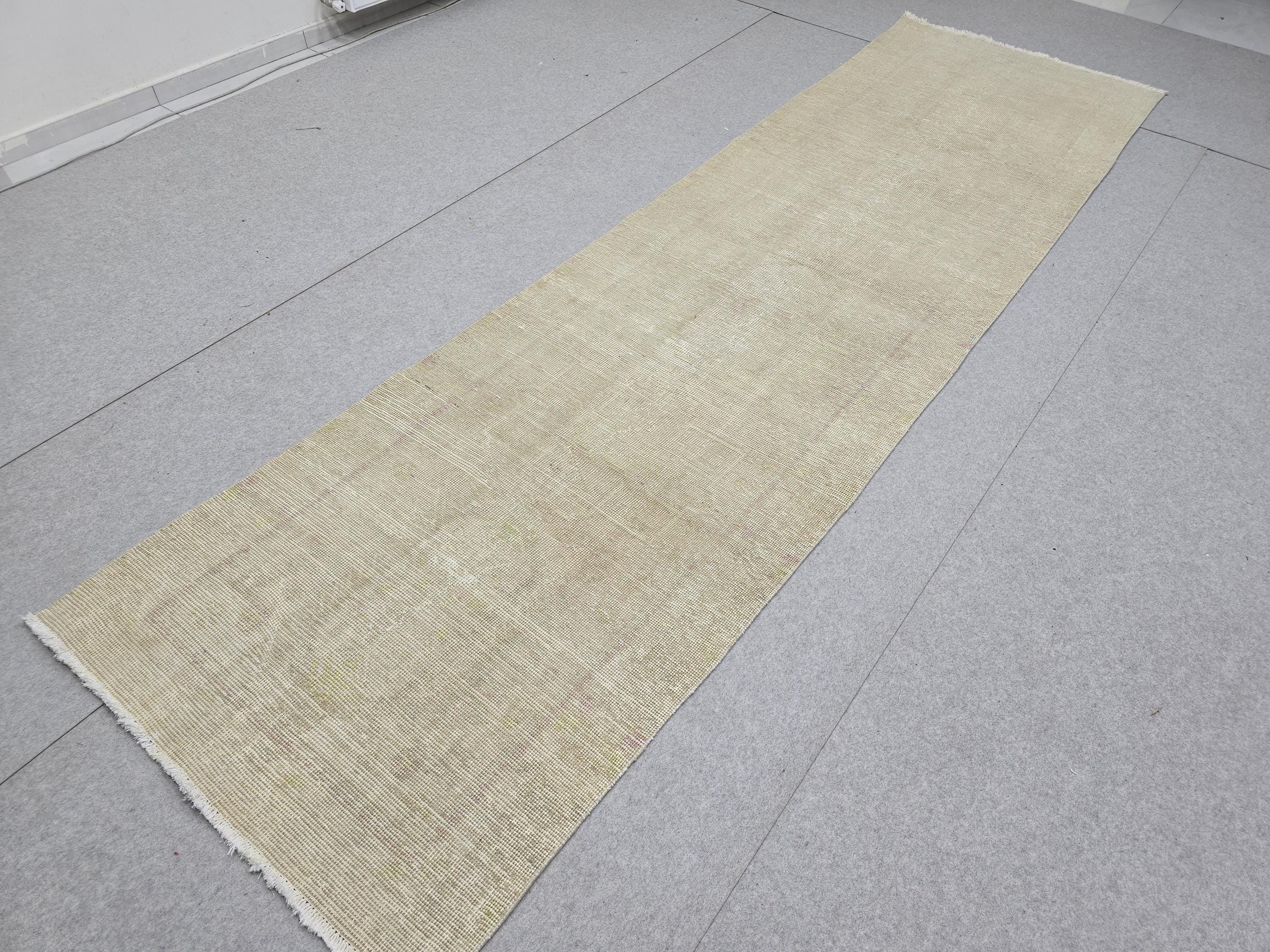 3x12 Oushak Runner Rug, Faded Solid Beige Turkish Wool Hallway Runner, Distressed Minimalist Anatolian Corridor Rug, Neutral Boho Decor