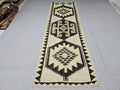3x10 Vintage Turkish Runner Rug 3x10, Hand Knotted Tribal Wool Runner, Cream Brown Hallway Rug, Anatolian Oushak Runner, Boho Kitchen Runner