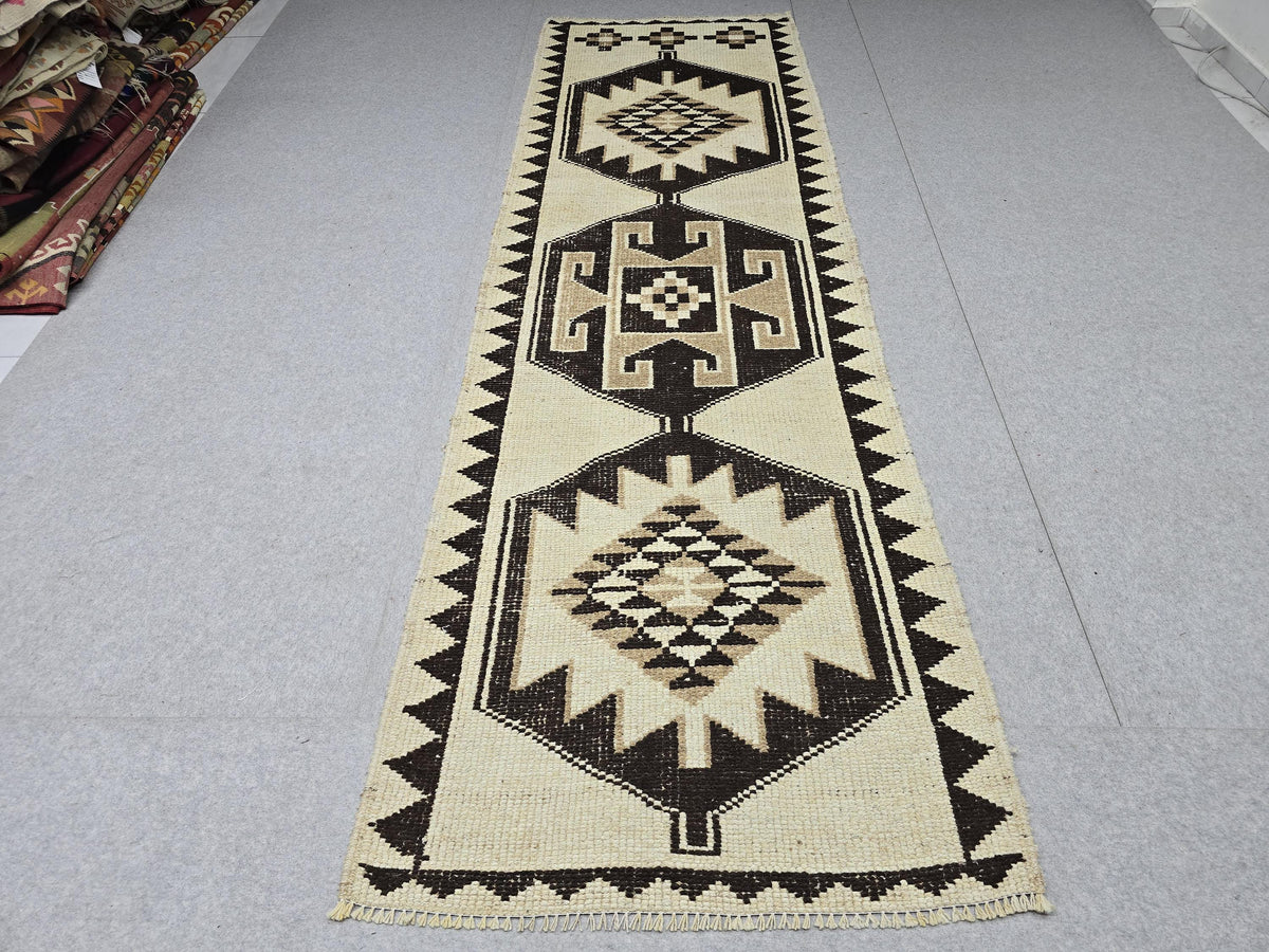 3x10 Vintage Turkish Runner Rug 3x10, Hand Knotted Tribal Wool Runner, Cream Brown Hallway Rug, Anatolian Oushak Runner, Boho Kitchen Runner