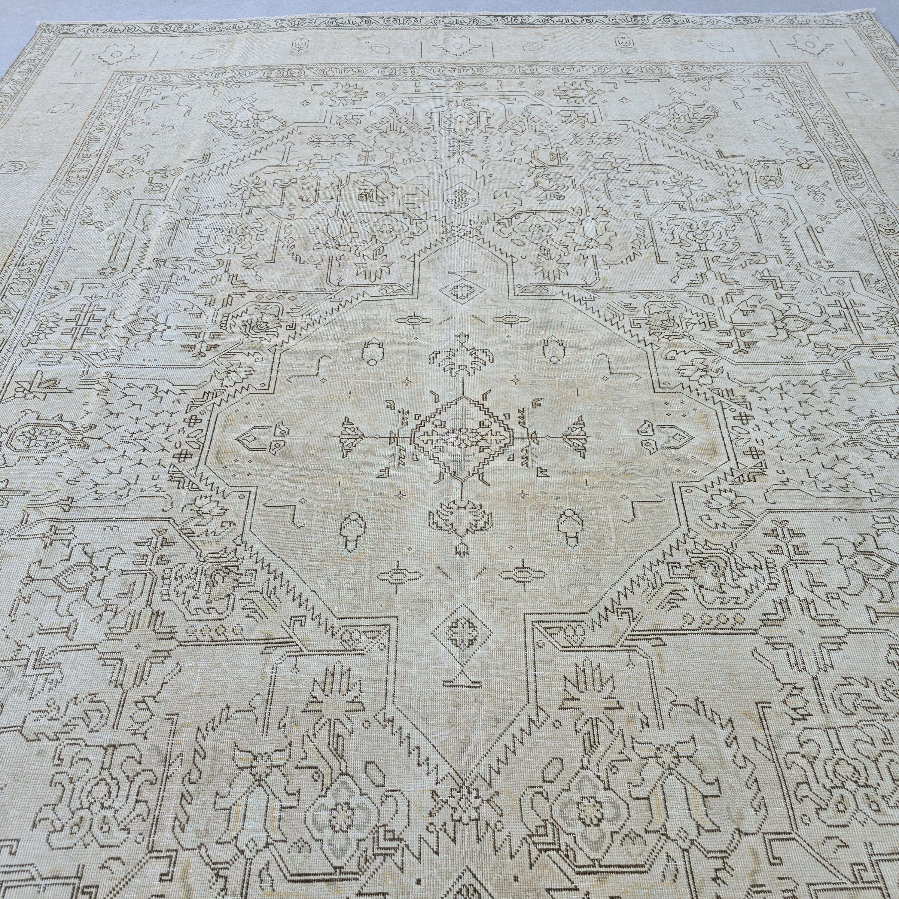 9x12 Neutral Vintage Area Rug/ Hand Knotted Wool Oushak Rug for Livingroom/ Authentic Turkish Rug/ Cream/Beige Wool Area Rug/Extra Large Rug
