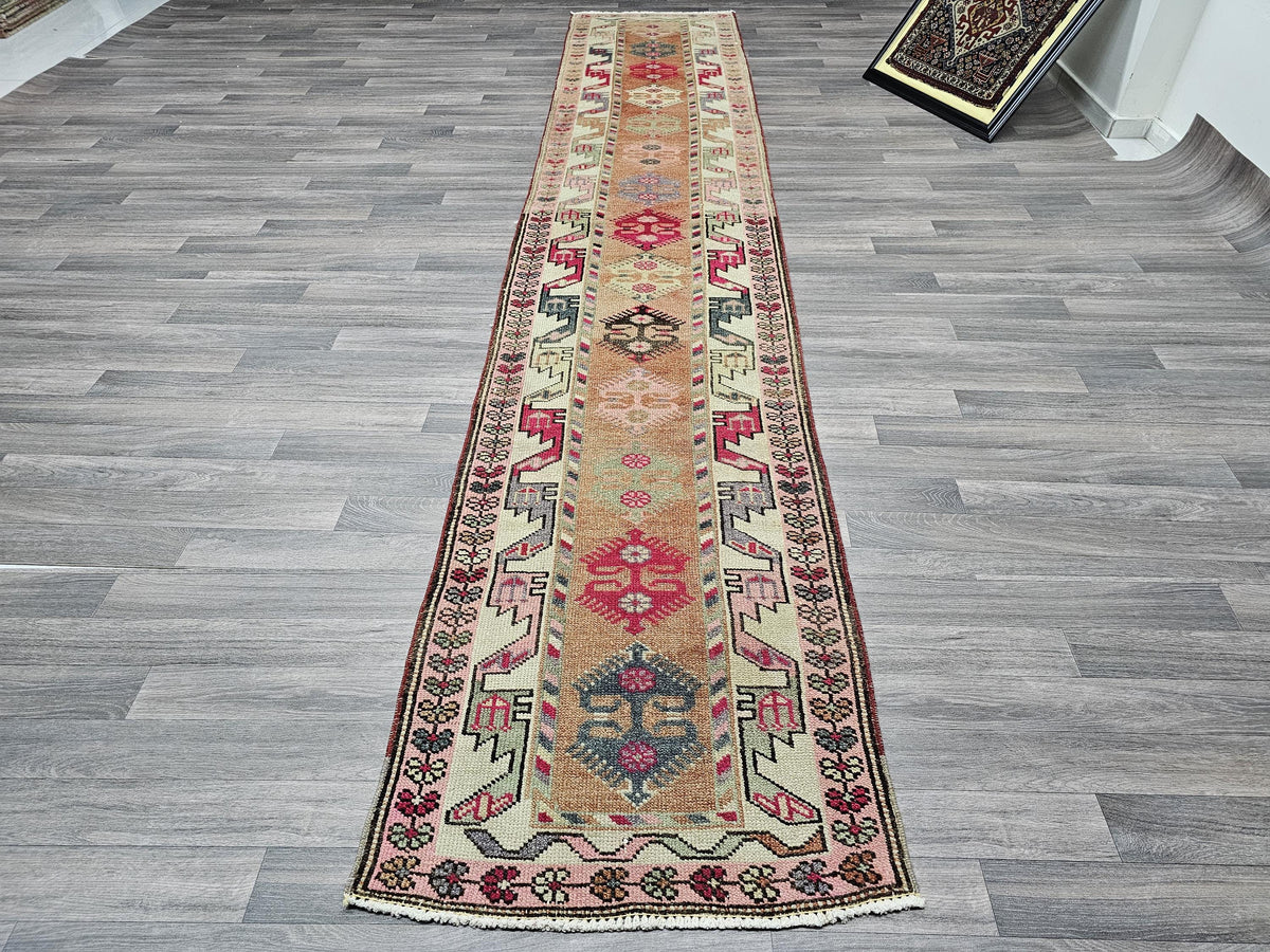 Vintage Wool Runner Rug: 2.5x13.10 ft, Pastel Colors, Traditional Anatolian Hallway Rug