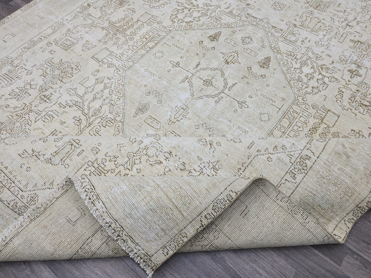 Oversize Neutral Oushak Rug: 9.25x12.8 ft Distressed Turkish Wool Carpet