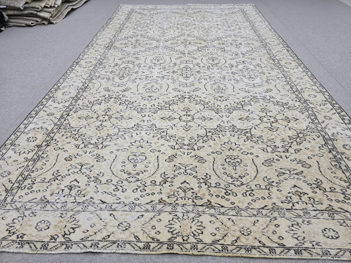Turkish Rug 6x10, Vintage Wool Area Rug, Cream Beige Floral Carpet for Living Room, Muted Neutral Handknotted Rug
