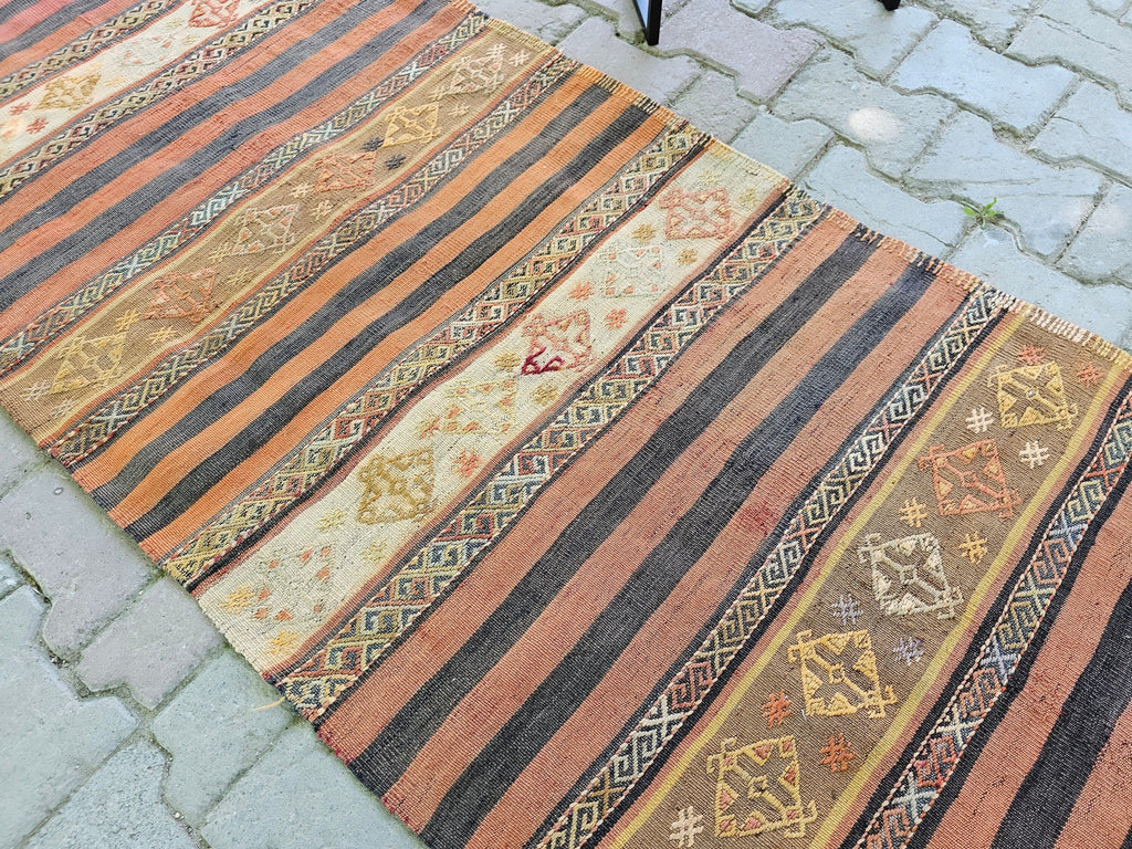 Vintage Turkish Wool Runner Rug: Striped Oushak Hallway Rug (3x13)