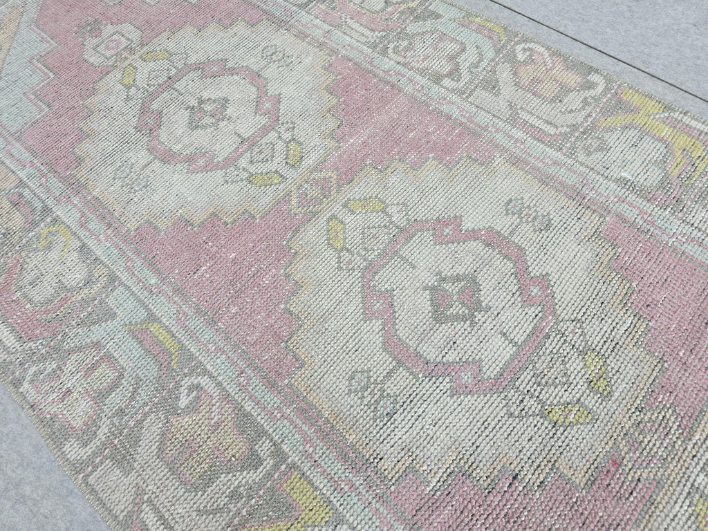 Turkish Rug 3x10, Pastel Pink Runner Rug, Hand Knotted Wool Oushak Runner, Faded Muted Hallway Rug, Vintage Boho Nursery Stair Anatolian rug