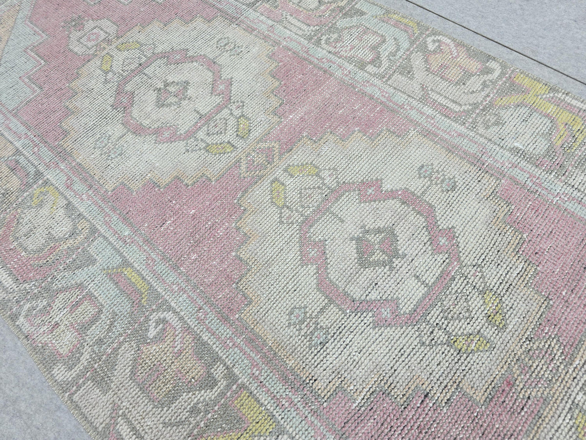 Turkish Rug 3x10, Pastel Pink Runner Rug, Hand Knotted Wool Oushak Runner, Faded Muted Hallway Rug, Vintage Boho Nursery Stair Anatolian rug