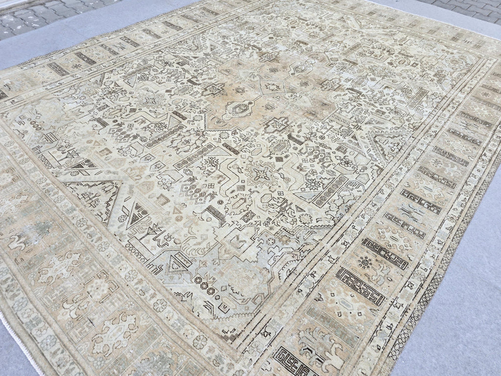 Turkish Rug 10x12, Faded Neutral Tribal Area Rug, Distressed Vintage Wool Carpet, Beige All Over Geometric, Boho Living Room