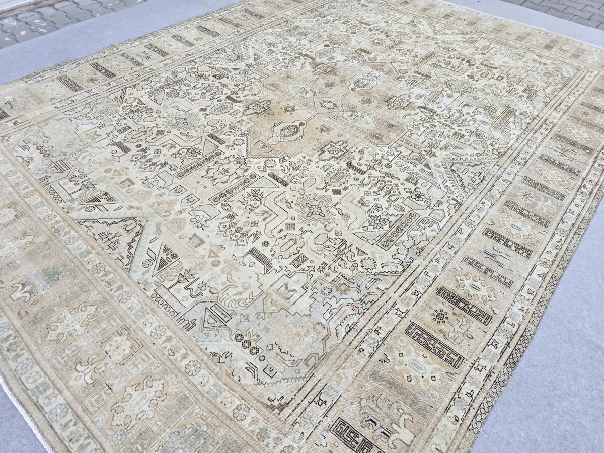 Turkish Rug 10x12, Faded Neutral Tribal Area Rug, Distressed Vintage Wool Carpet, Beige All Over Geometric, Boho Living Room