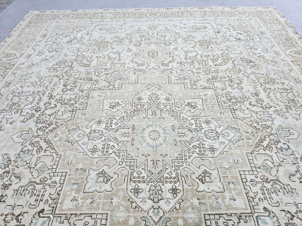 Oushak Rug 9x12:  High Quality Neutral Vintage Turkish Wool Area Rug 9.35x12.15 ft.
