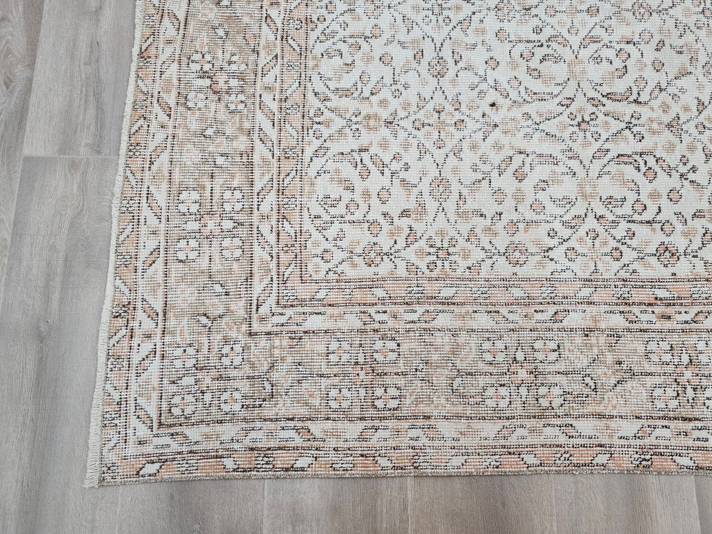 Neutral Vintage Turkish Oushak Rug: Hand-Knotted Wool, 6.2x10 ft