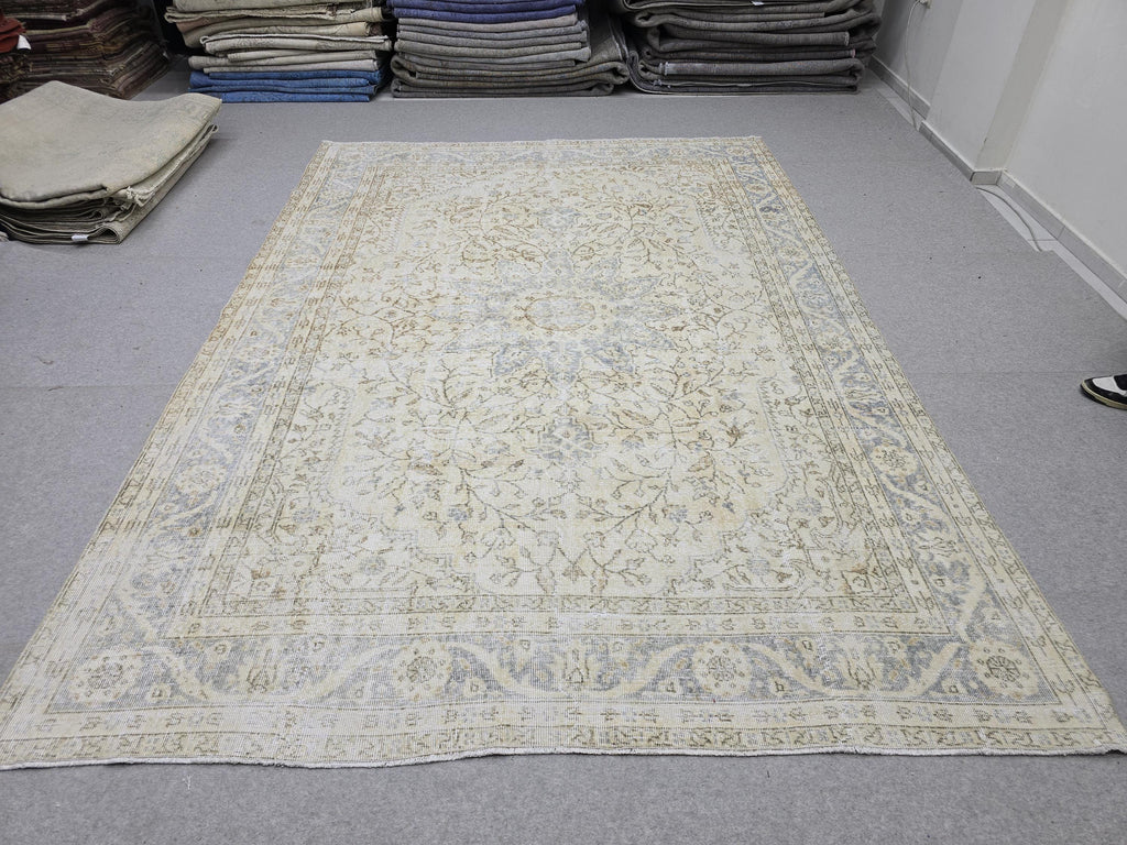 Oushak Rug 7.50x10.60 feet, Blue Medallion Turkish Carpet, Muted Cream Beige Floral, Vintage Tabriz Style Area Rug, Living Room