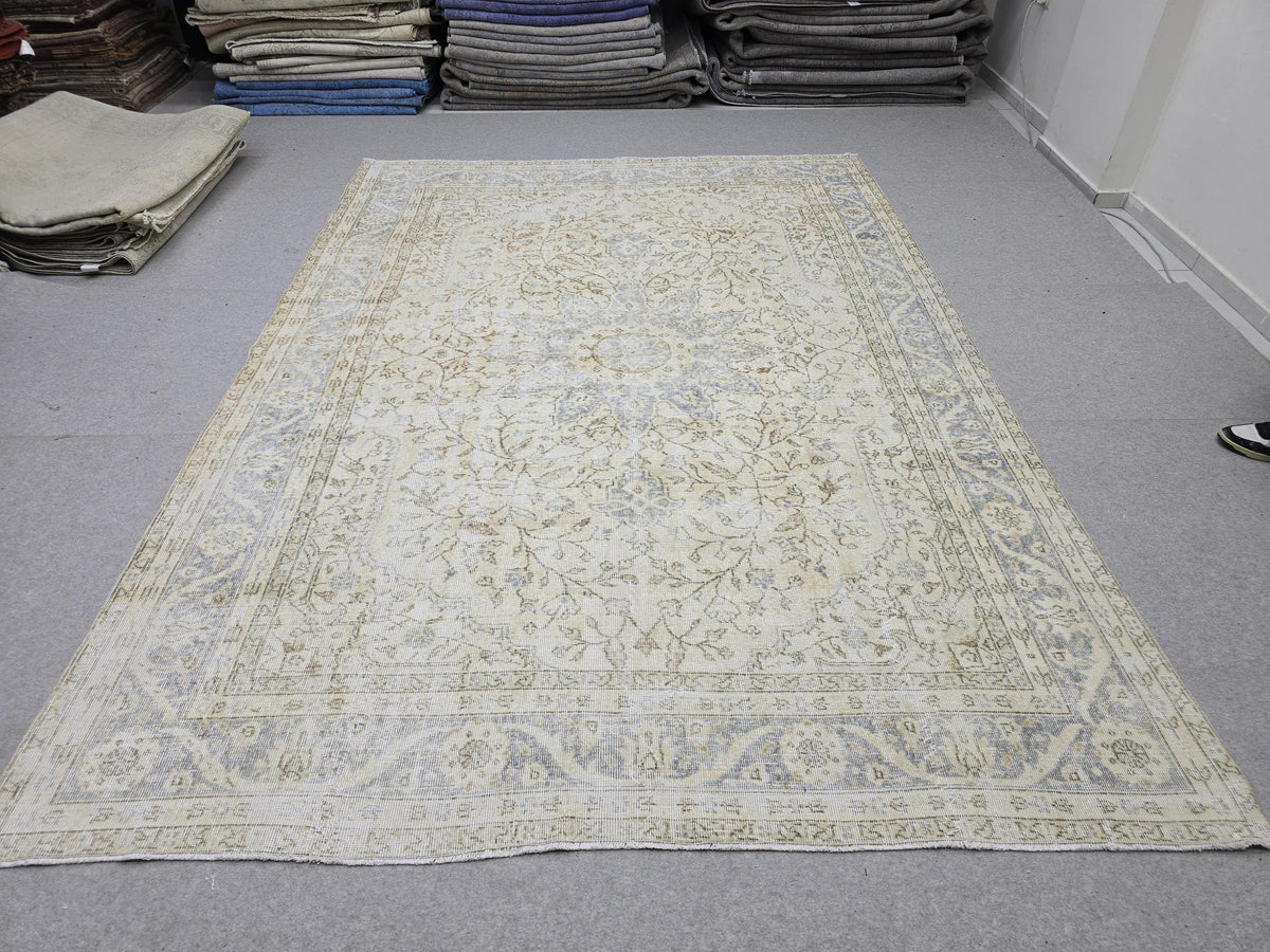 Oushak Rug 7.50x10.60 feet, Blue Medallion Turkish Carpet, Muted Cream Beige Floral, Vintage Tabriz Style Area Rug, Living Room
