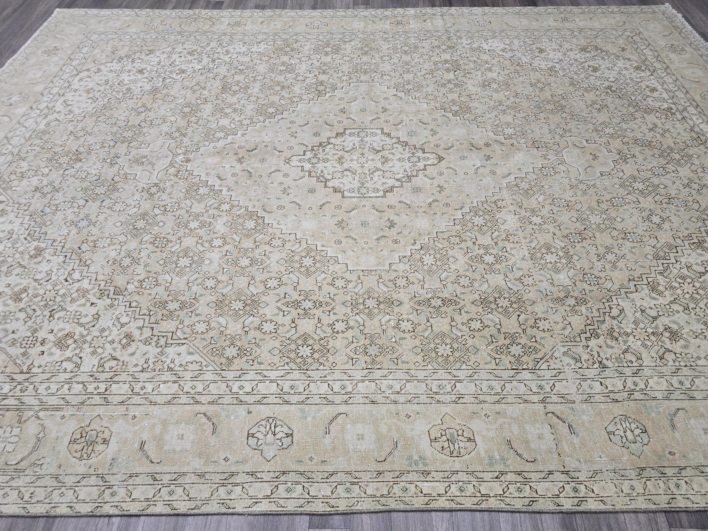 Oversized Muted Oushak Rug 9x12: Vintage Turkish Wool Carpet