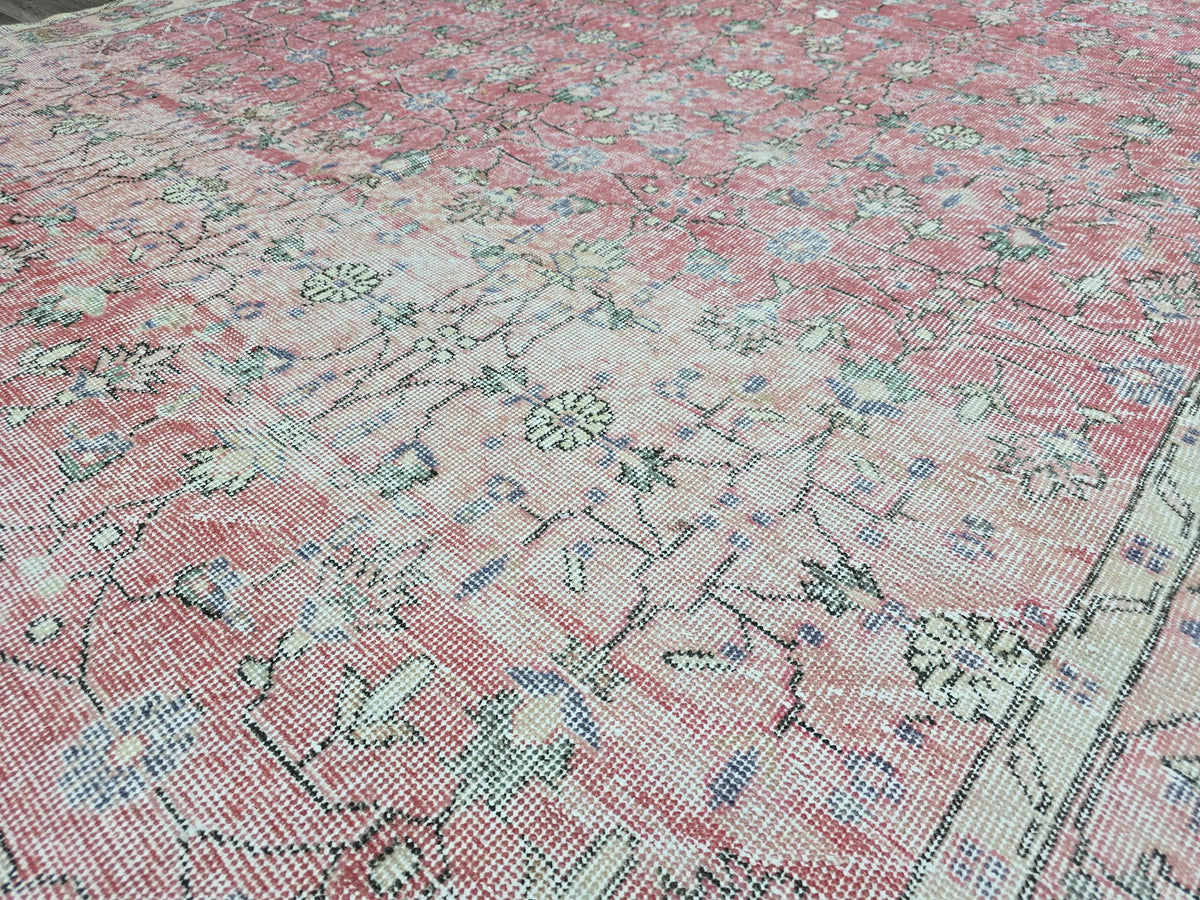 7x10 Vintage Turkish Rug  Cream Pink Oushak Rug Hand knotted Wool Area Rug Floral Living Room Carpet Pastel Oriental Rug