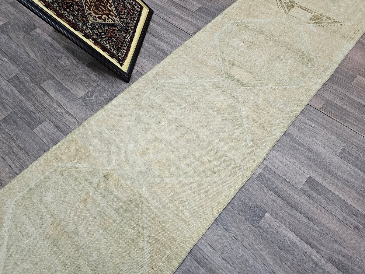 Vintage Turkish Oushak Wool Runner: Beige Brown Distressed Hallway Rug (3x11.6 ft)