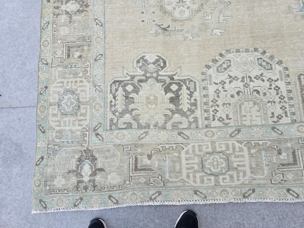 10x12 Turkish Rug Vintage Beige/Cream Blue Hand Knotted Oushak Area Carpet