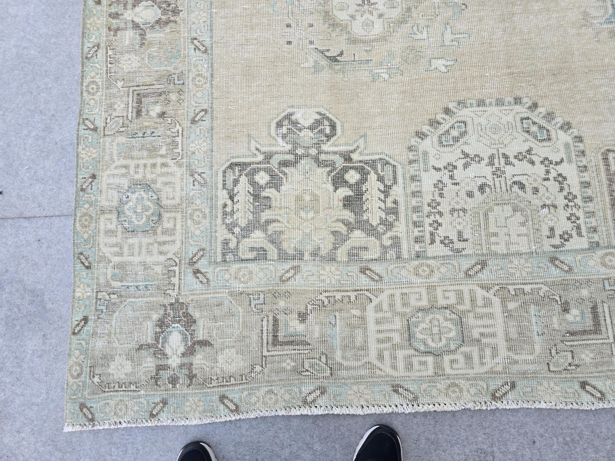 10x12 Turkish Rug Vintage Beige/Cream Blue Hand Knotted Oushak Area Carpet