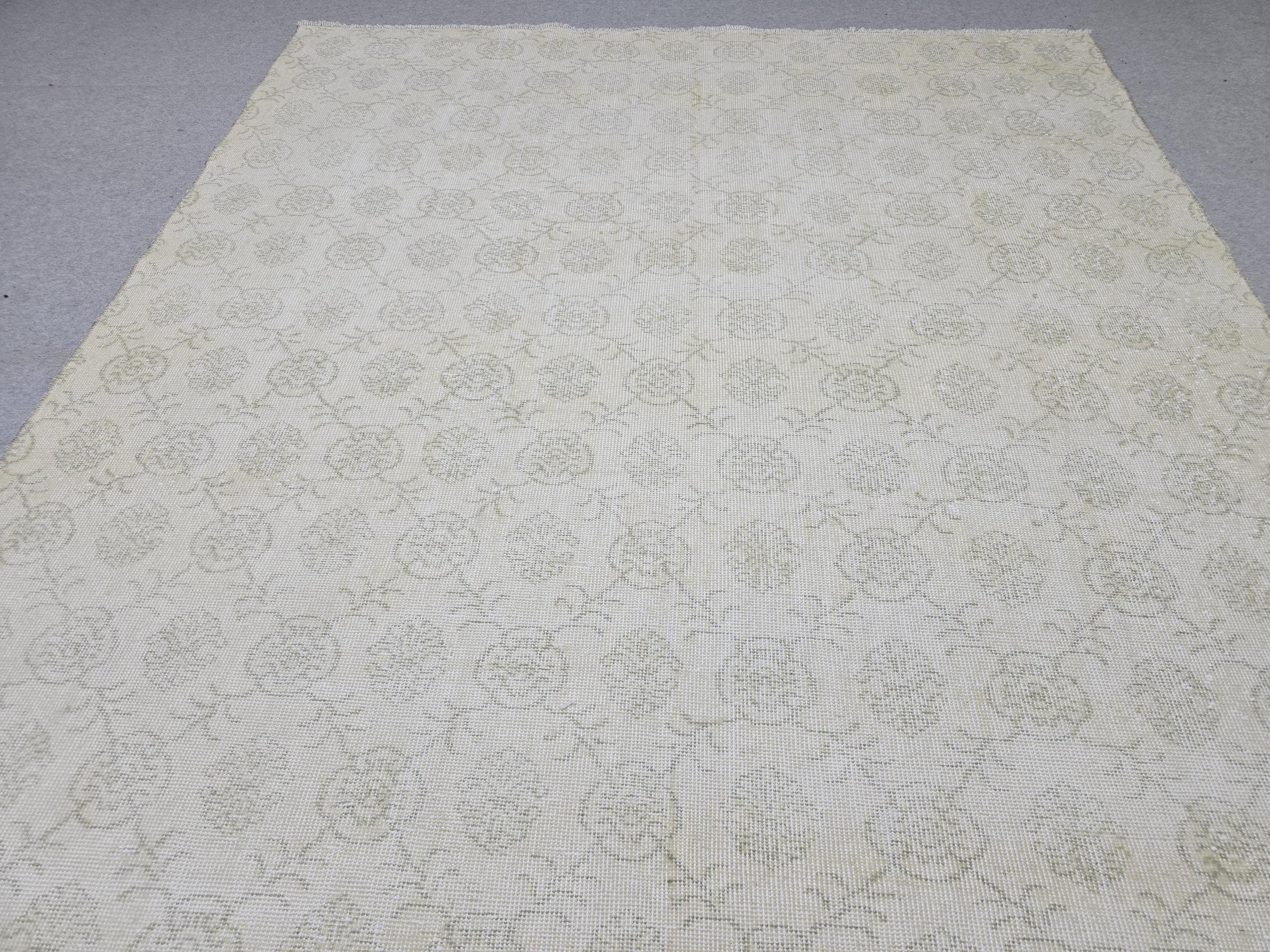 7x11 Vintage Turkish Oushak Rug, Handknotted Ivory Floral Wool Carpet