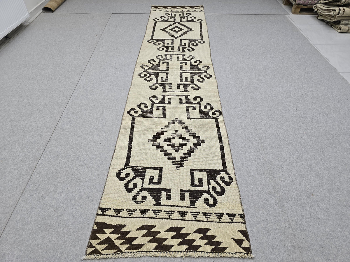Oushak Runner Rug 3x12, Ivory Cream Brown Wool Hallway Runner, Vintage Anatolian Narrow Staircase Corridor Rug
