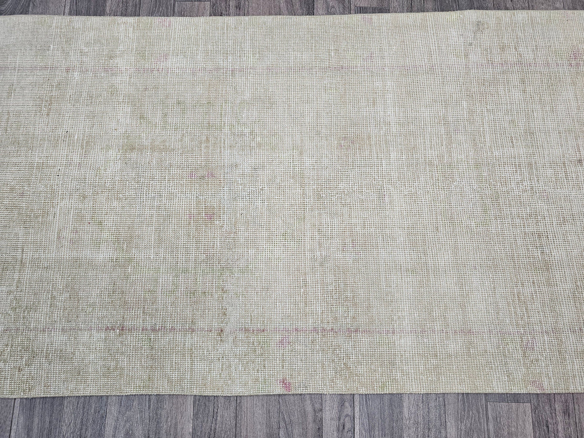 Neutral Turkish Oushak Runner Rug: Vintage Wool Hallway Carpet (3.30x11.90 feet)