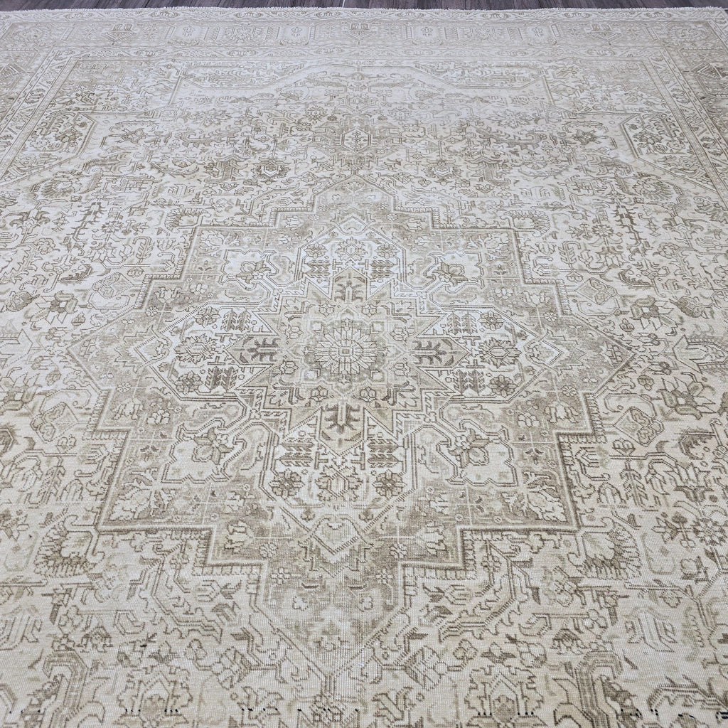9x12 Hand-Knotted Oushak Rug: Neutral Distressed Vintage Turkish Carpet