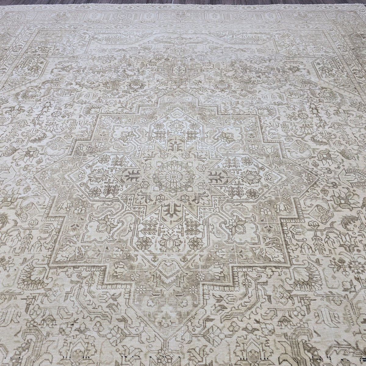 9x12 Hand-Knotted Oushak Rug: Neutral Distressed Vintage Turkish Carpet