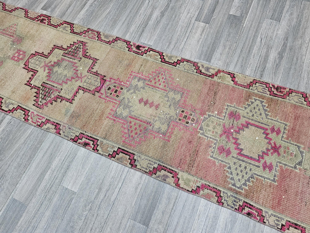 Vintage Wool Runner Rug: 2.5x12.45 ft, Muted Pastel Oriental Hallway Rug