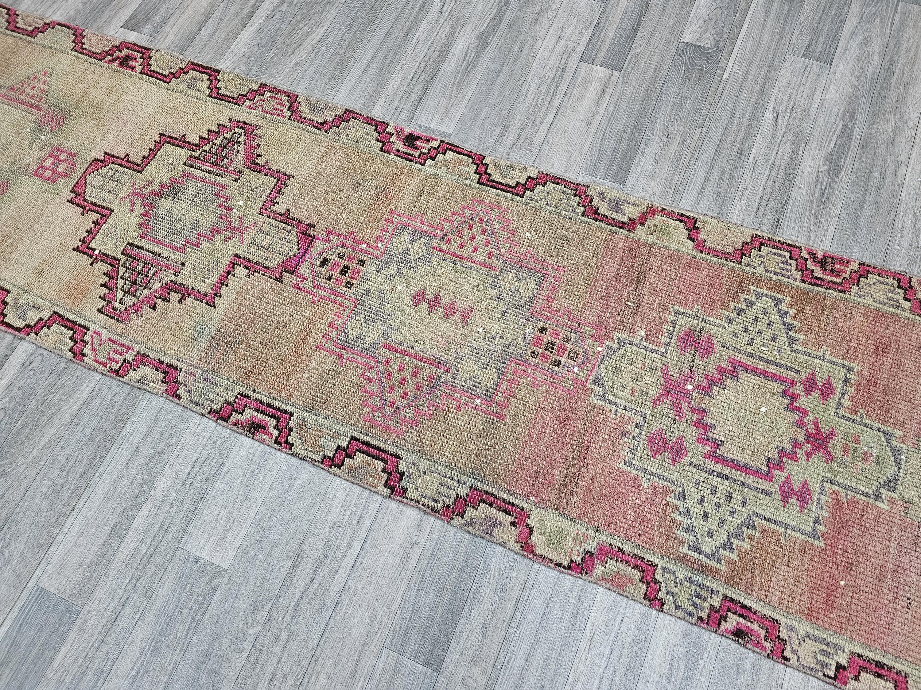 Vintage Wool Runner Rug: 2.5x12.45 ft, Muted Pastel Oriental Hallway Rug
