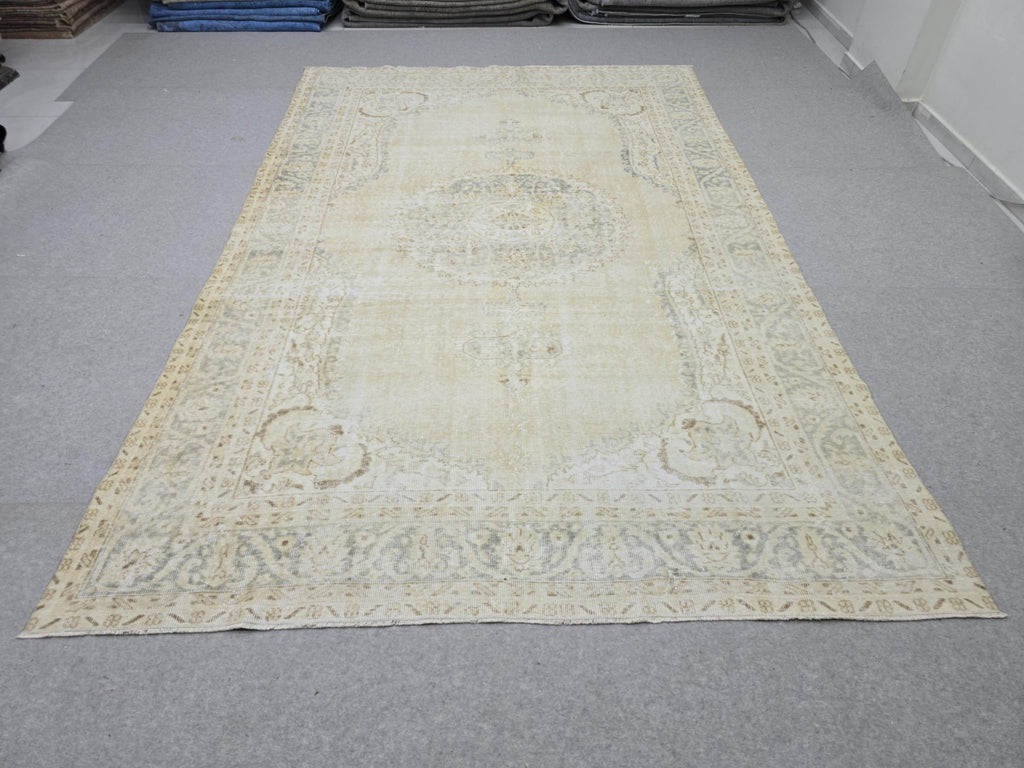 Oushak Rug 7x10, Beige Medallion Antique Turkish Carpet, Faded Muted Handknotted Wool Rug for Living Room Office