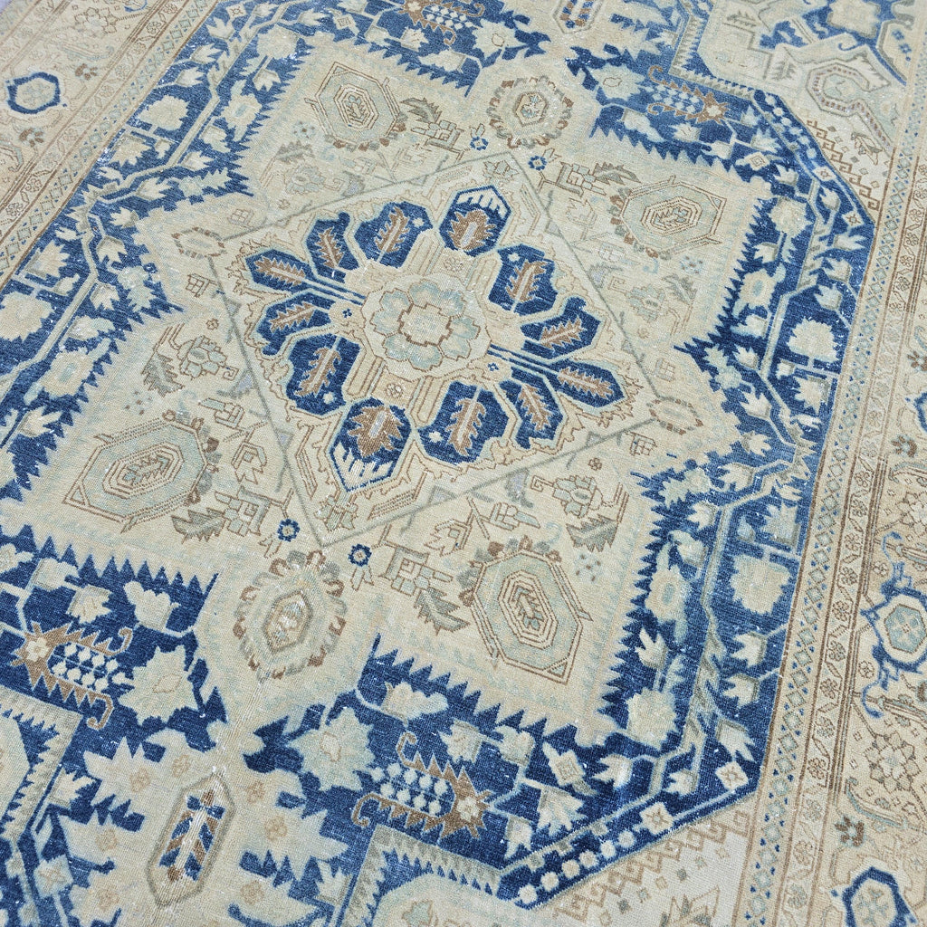 7x10 Vintage Oushak Rug Blue Cream Geometric Hand Knotted Turkish Area Carpet