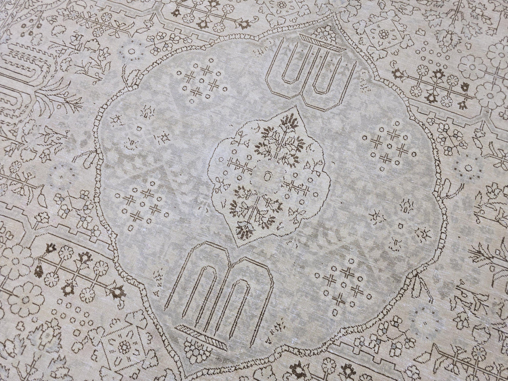 Oushak Rug 9x12, Muted Beige Cream Vintage Turkish Area Rug, Medallion Floral Wool Rug for Living Room