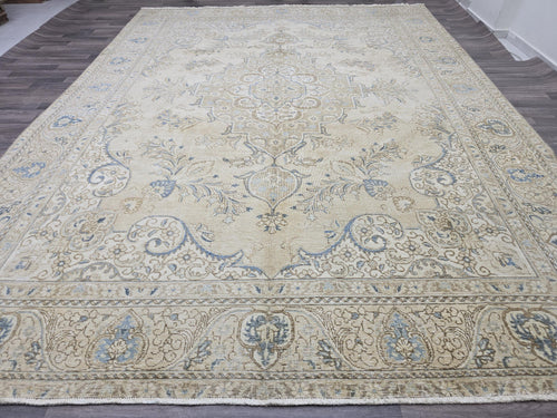 10x13 Oversize Vintage Area rug / Beige Blue Hand Knotted Oriental Carpet