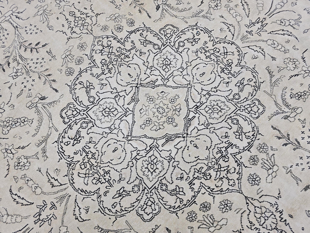 Oversize Cream Turkish Rug 10x12: Muted Vintage Wool Carpet