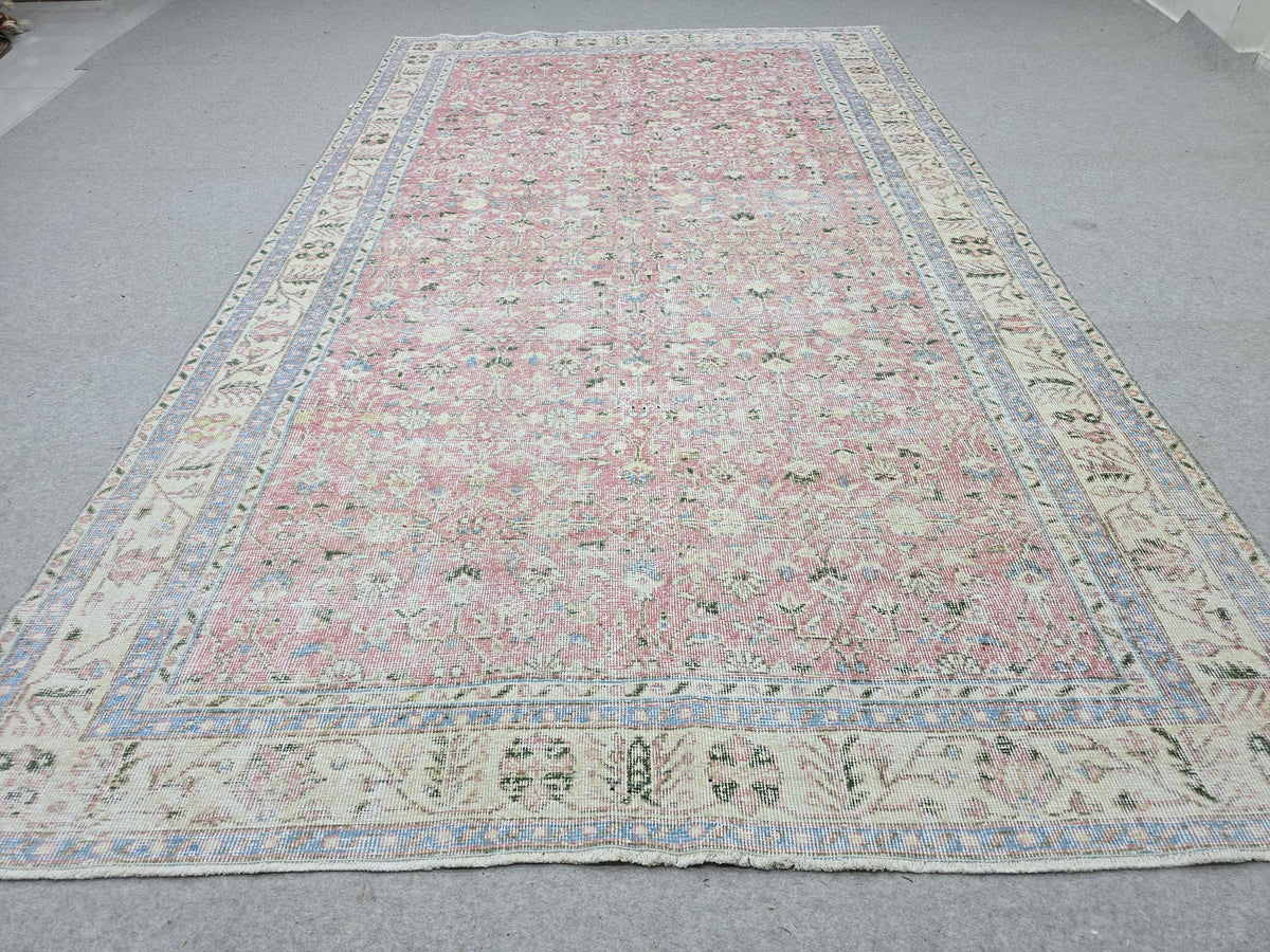 Large Vintage Turkish Rug, 6x11 Floral Oushak Area Rug, Antique Pastel Muted Carpet, Bohemian Home Decor Rug, Hand-Knotted pink Wool Rug