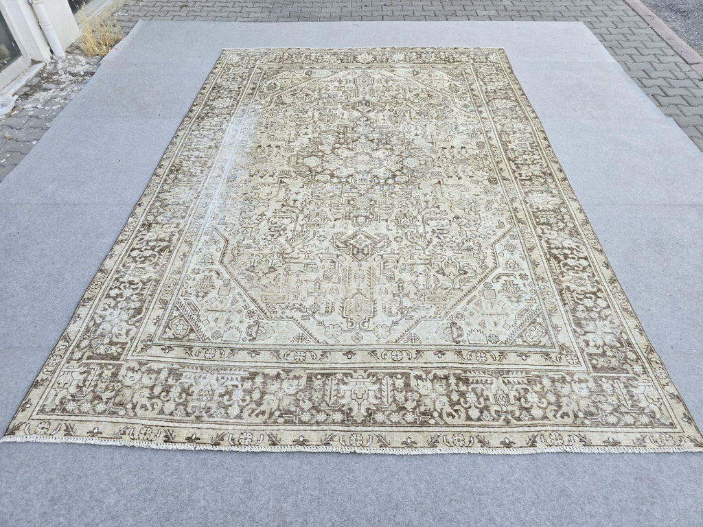 8x11 Vintage Turkish Rug, Neutral Beige Distressed Area Rug, Handwoven Large Rug