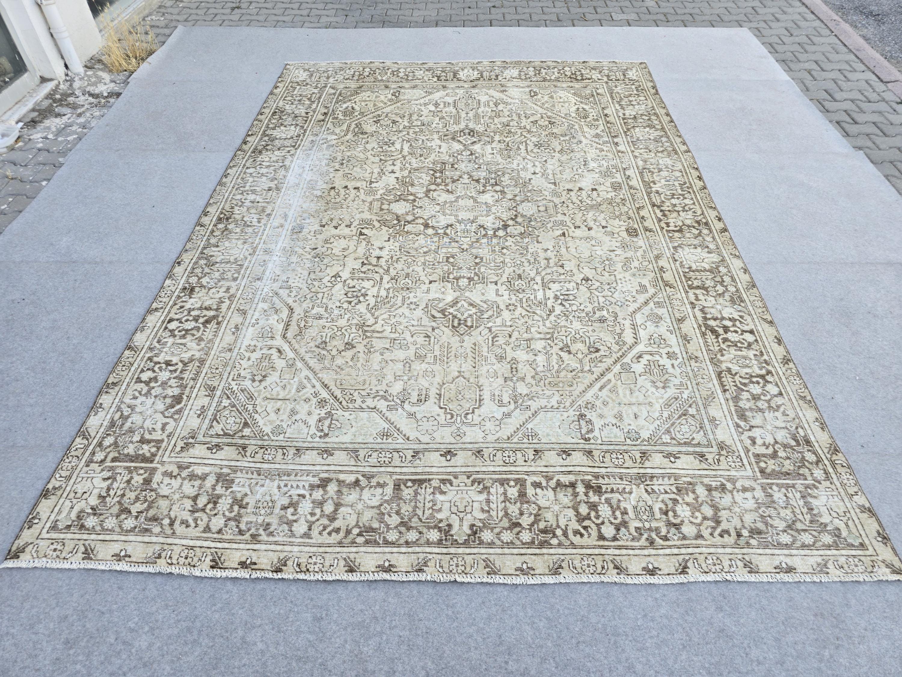 8x11 Vintage Turkish Rug, Neutral Beige Distressed Area Rug, Handwoven Large Rug