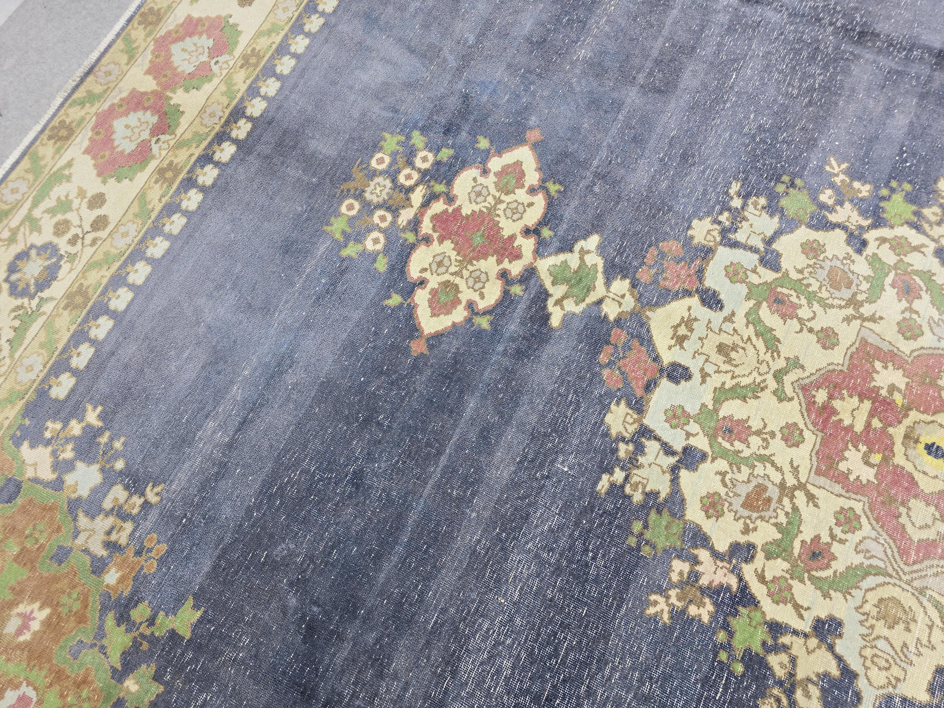 Vintage Turkish Hand-Knotted Wool Rug, Blue Medallion Distressed Area Carpet (10x12)