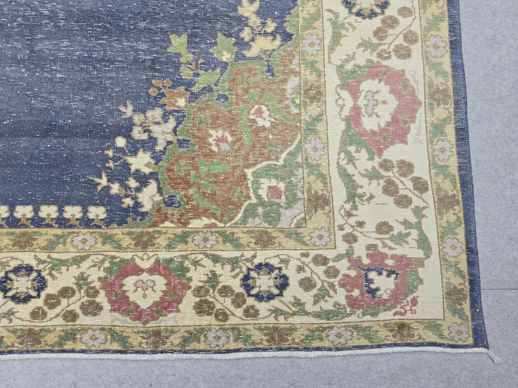 Vintage Turkish Hand-Knotted Wool Rug, Blue Medallion Distressed Area Carpet (10x12)