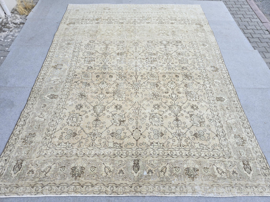 Turkish Rug 9x12 Beige  Vintage Hand Knotted Oriental Area Carpet