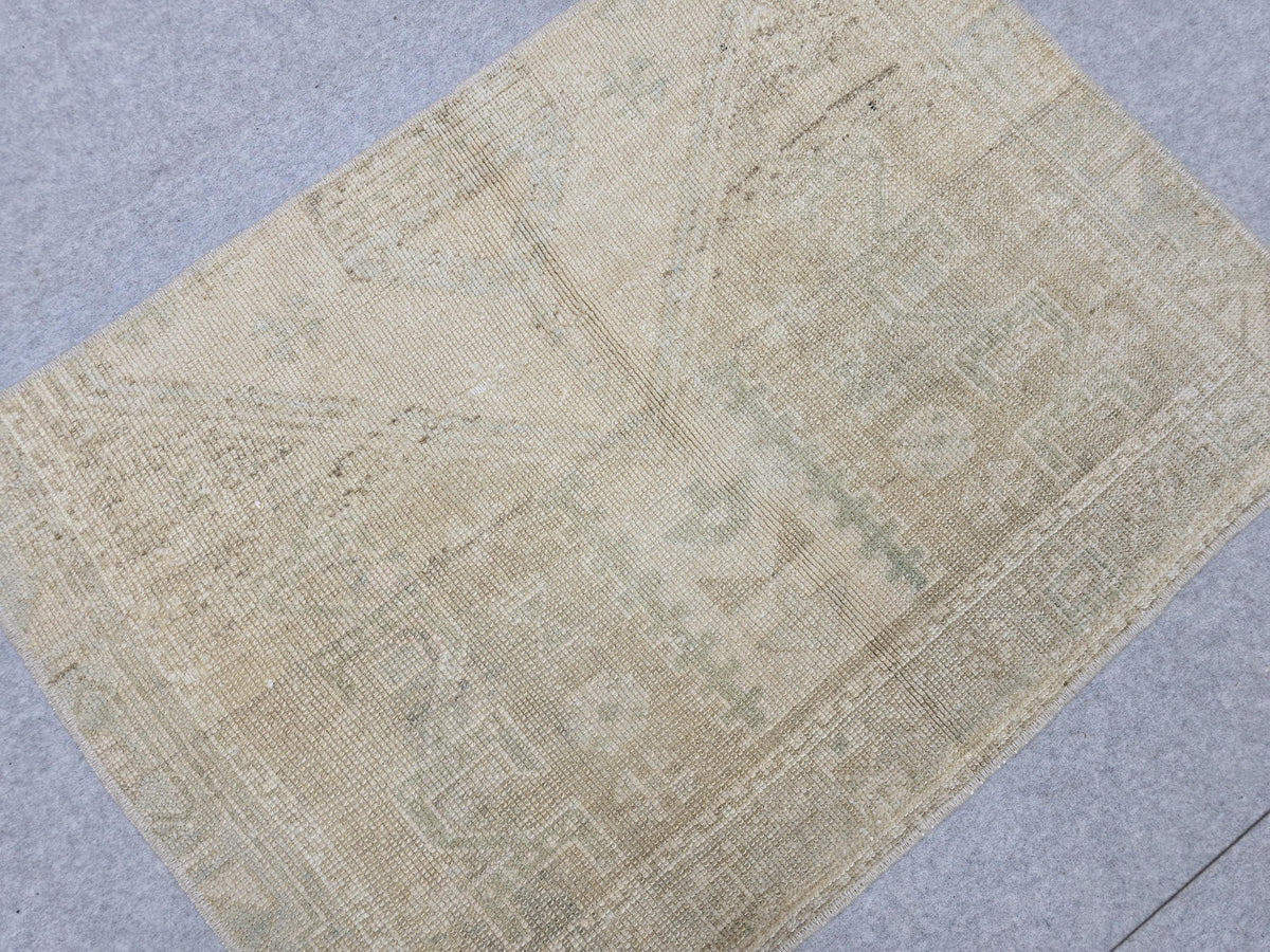 Vintage Bath Mat 2x3, Small Turkish Rug, Faded Neutral Door Mat, Hand Knotted Wool Oushak Mat, Muted Beige Kitchen Rug, Boho Entryway Rug