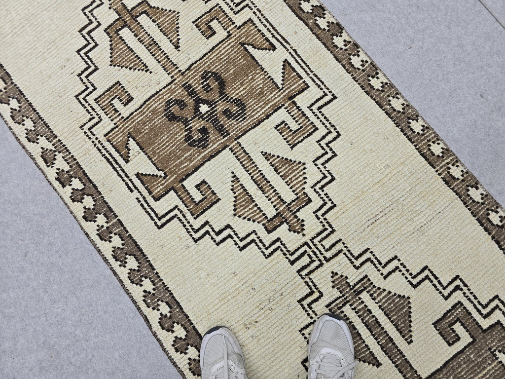 Wool Turkish Runner, Hand-Knotted Cream Brown Boho Hallway Rug