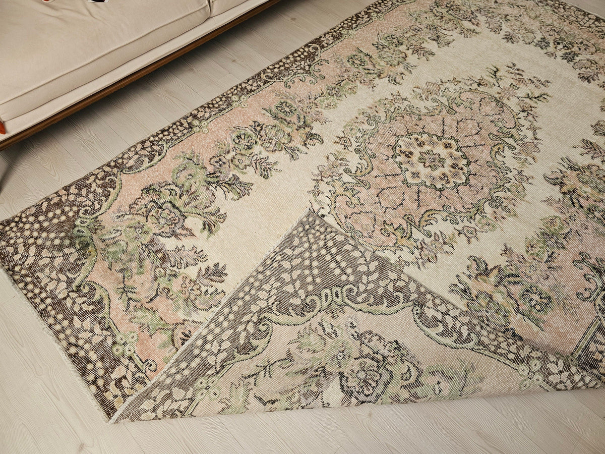 6x10 Vintage Turkish Oushak Rug: Hand-Knotted Wool Area Rug Pink Cream Brown Wool Rug for Diningroom and Office